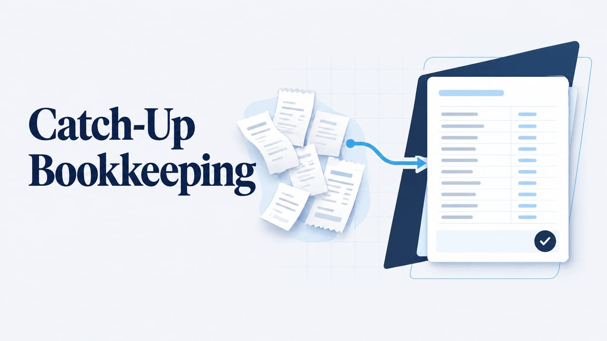 "Catch-Up Bookkeeping" beside a scattered pile of paper receipts, with an arrow curving into a single completed ledger page marked done