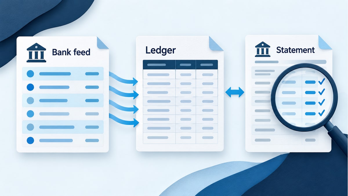 Bank feed activity reviewed in a ledger, followed by a separate comparison with a bank statement.