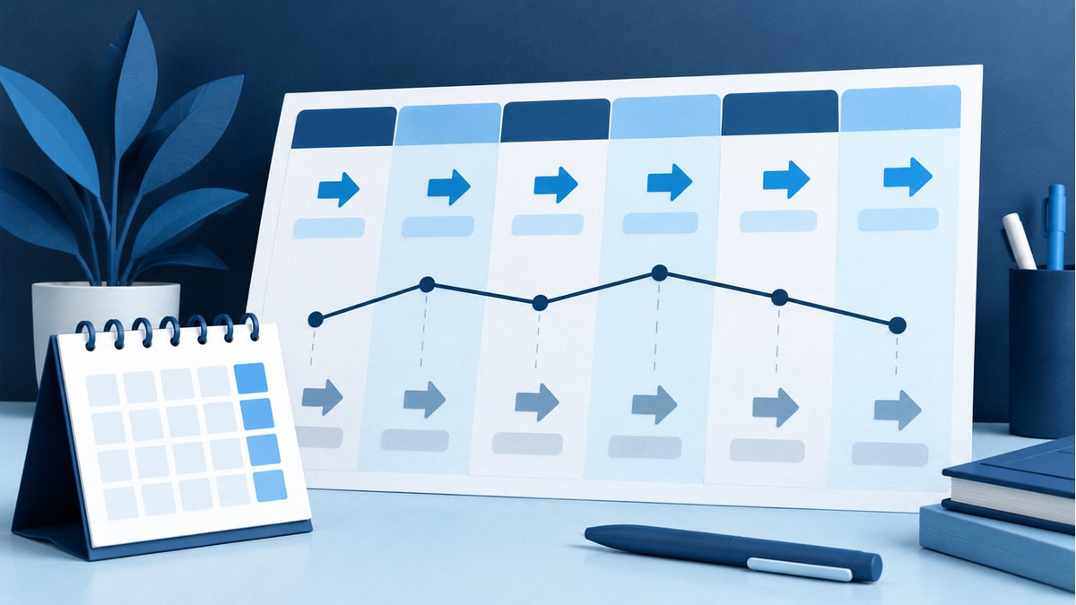 Six-column planning grid with arrows, a changing balance line and a desk calendar.